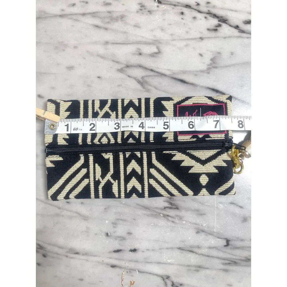 Makeup Junkie Bags Black Beige Aztec Print Lay-Flat Cosmetic Bag Pouch Size Mini